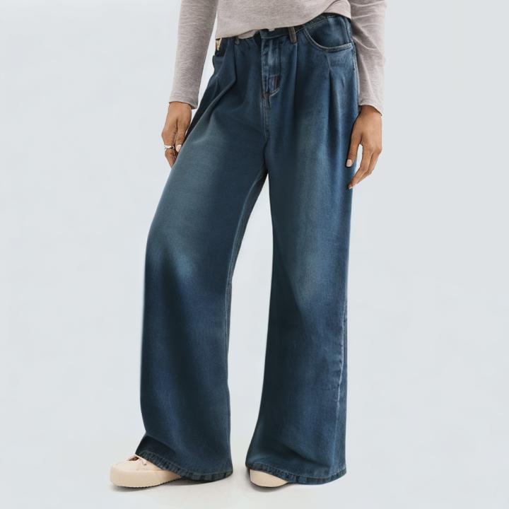 Pleated loose blue women's denim trousers