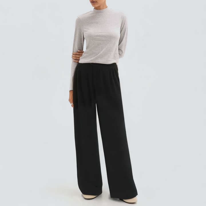 Black drawstring waist wide leg women's trousers