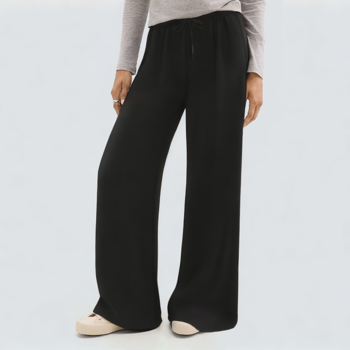 Black drawstring waist wide leg women's trousers