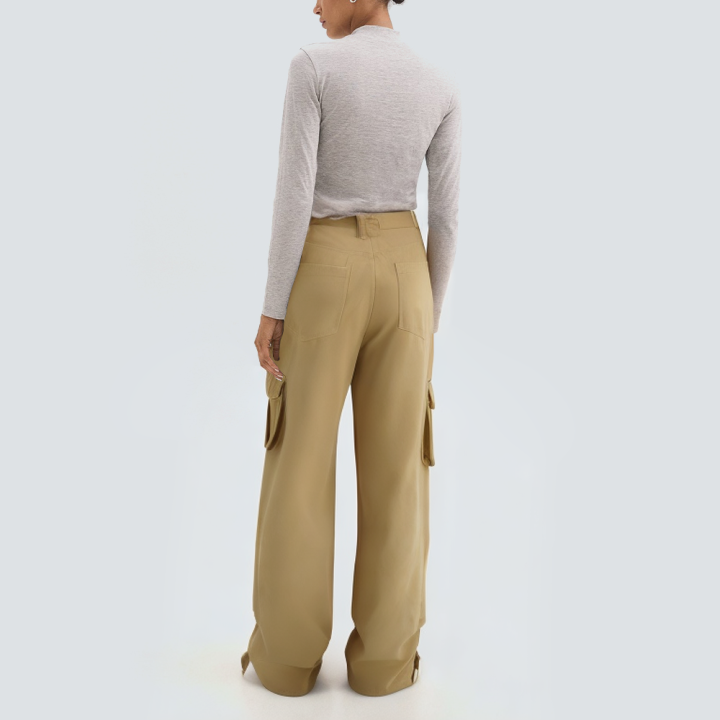 Khaki fashionable wide-leg women's cargo trousers