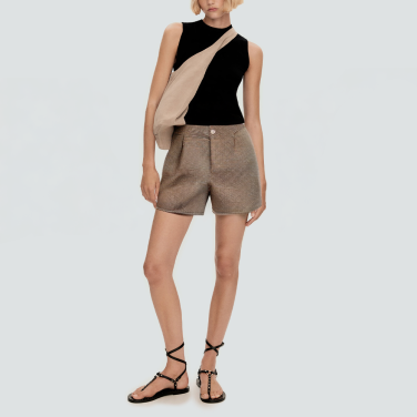 Brown plaid pleated women's casual shorts