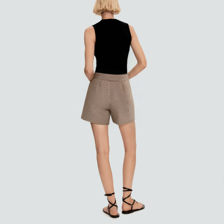Brown plaid pleated women's casual shorts
