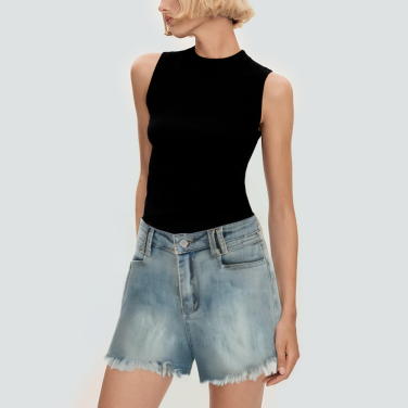 Washed and faded raw edge women's denim shorts