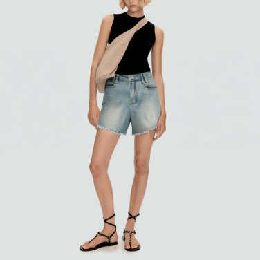 Washed and faded raw edge women's denim shorts
