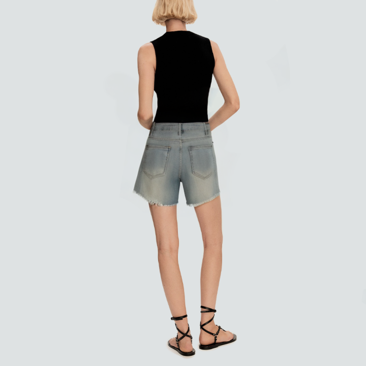 Washed and faded raw edge women's denim shorts