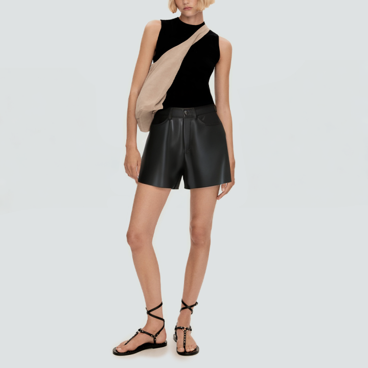 Black pleated side pocket women's leather shorts