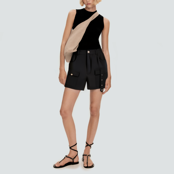 Black asymmetric pocket women's cargo shorts